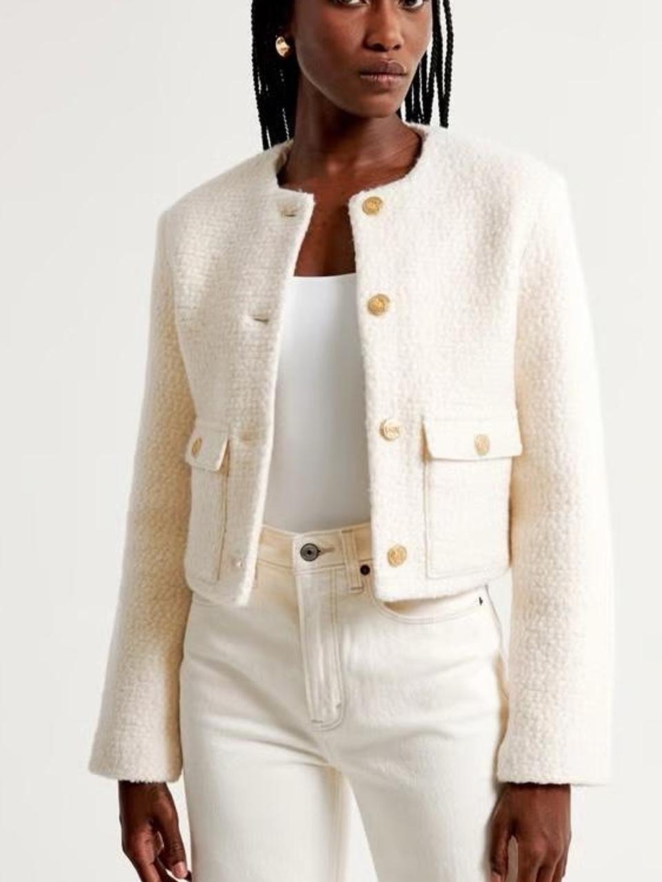 Abercrombie & Fitch Cream Boucl Cropped Jacket With Gold Buttons